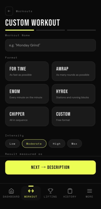 FreeWOD custom workout builder with workout name, format choices, intensity setting and next step button