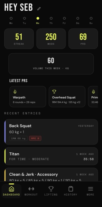 FreeWOD dashboard showing weekly streak, WOD count, PRs, latest PRs and recent training entries
