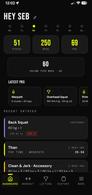 FreeWOD dashboard app screenshot with workout history, PRs and weekly training stats