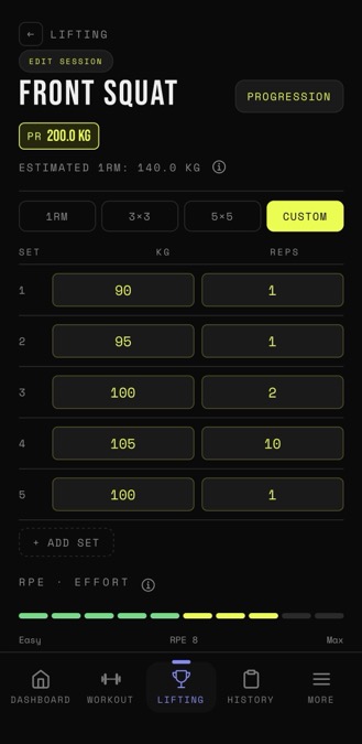 FreeWOD lifting log app screenshot with front squat sets, reps, weight and RPE tracking
