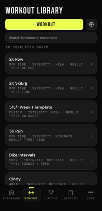 FreeWOD workout library with saved WOD templates, search and a button to add a new workout